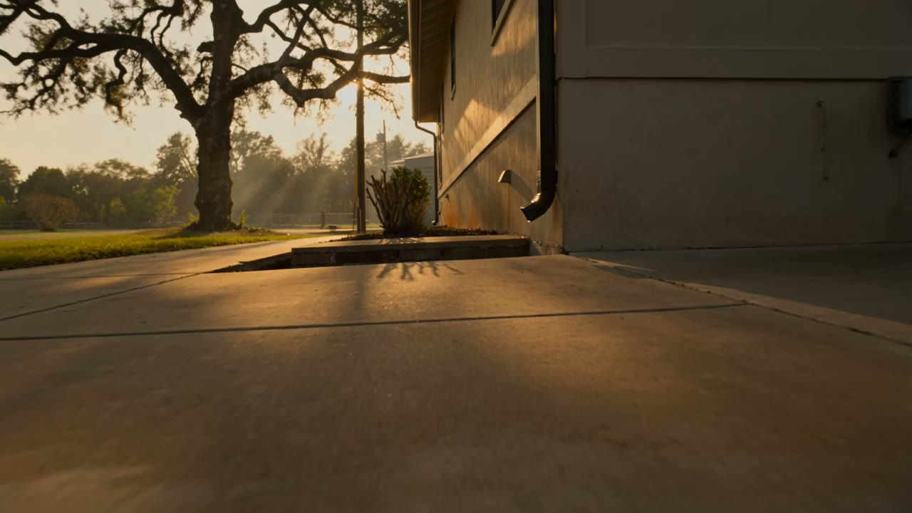 A shaded patio edge and planting bed against a Central Texas home at golden hour